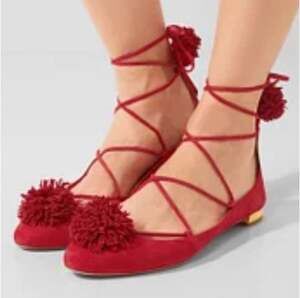 Aquazzura Sunshine Suede Pom-Pom Ballerina Flats, Red Lace-Up, Size 6 NEW